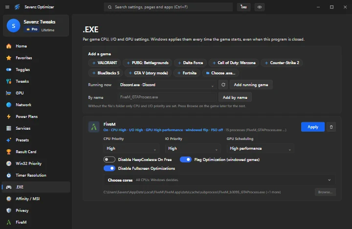 หน้า .EXE ตั้ง CPU, I/O และ GPU ของแต่ละเกม