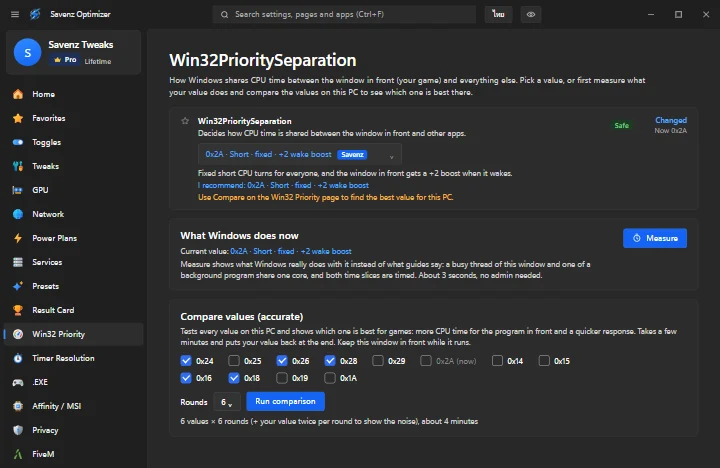 หน้า Win32PrioritySeparation พร้อมปุ่ม Measure และ Compare
