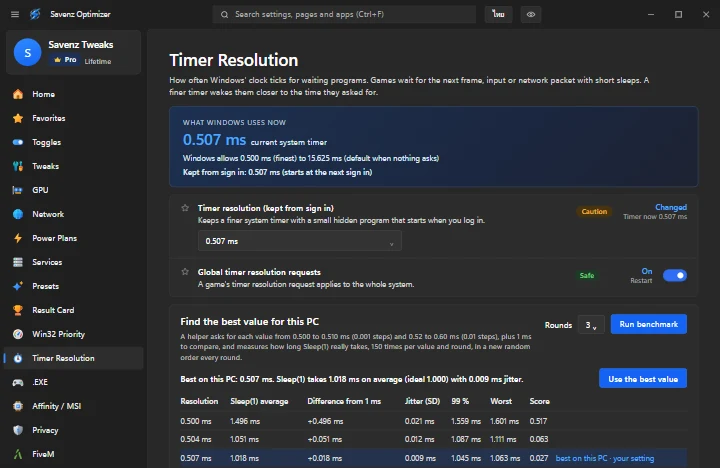 หน้า Timer Resolution พร้อมตารางผล benchmark